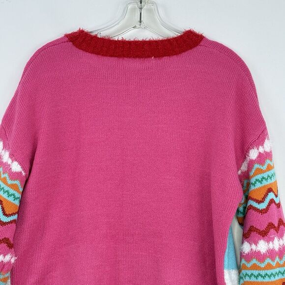 Hooked Up Embellished Ugly Christmas Sweater Pink Multicolor Size M - Picture 8 of 16